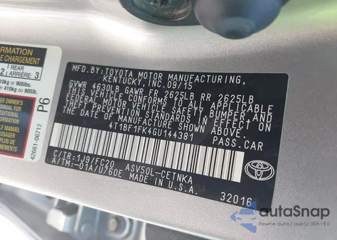 2016 Toyota Camry Le from USA, damaged, VIN 4T1BF1FK4GU144381